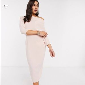 Fallen shoulder pencil midi dress in Blush